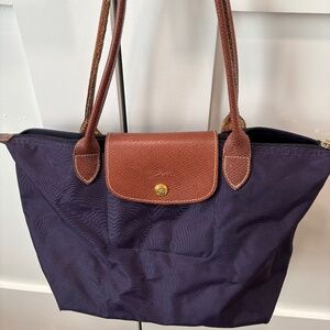 Longchamp purple tote, medium, long handles
